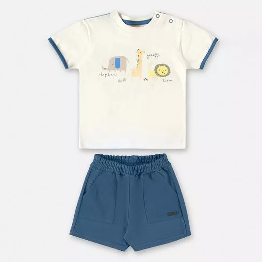 Conjunto De Camiseta Bichinhos & Bermuda Com Bolsos- Branco & Azul- Up Baby & Up Kids