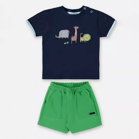 Conjunto De Camiseta Bichinhos & Bermuda Com Bolsos- Azul Marinho & Verde- Up Baby & Up Kids