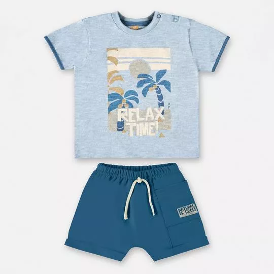 Conjunto De Camiseta Coqueiros & Bermuda Com Inscrição- Azul Claro & Azul Escuro- Up Baby & Up Kids