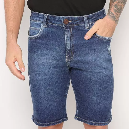 Bermuda Jeans Com Puídos- Azul Escuro