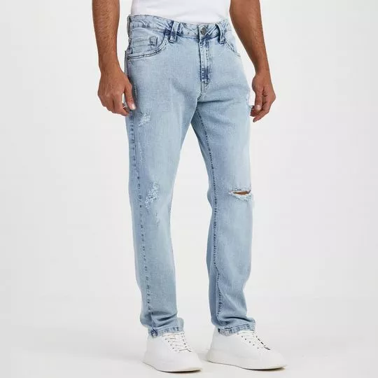 Calça Jeans Reta Com Puídos- Azul