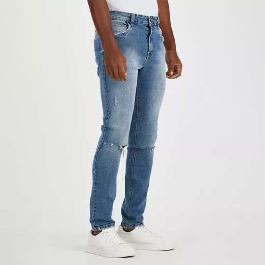Calça Jeans Skinny Com Destroyed- Azul