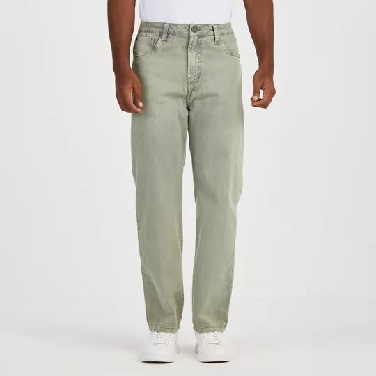 Calça Jeans Reta Com Bolsos- Verde Claro
