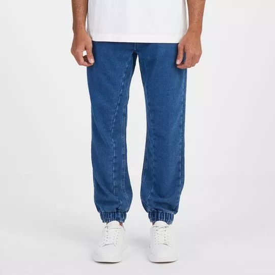 Calça jeans Jogger Com Recortes- Azul
