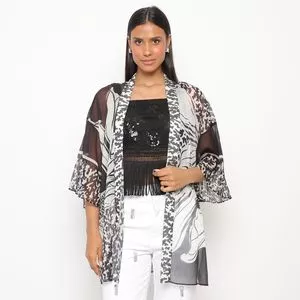 Kimono Alongado Abstrato<BR>- Preto & Off White<BR>- Maria Valentina