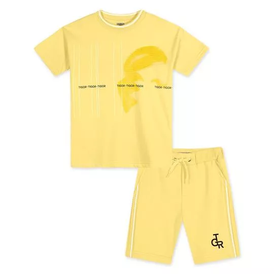 Conjunto Infantil De Camiseta Listrada & Bermuda- Amarelo Claro & Amarelo
