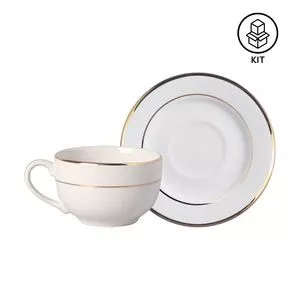 Jogo De Xícaras Para Chá Ouro<BR>- Branco & Dourado<BR>- 6Pçs<BR>- 250ml<BR>- Alleanza Ceramica
