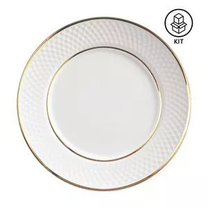 Jogo De Pratos Rasos Com Relevo<BR>- Branco & Dourado<BR>- 6Pçs<BR>- Alleanza Ceramica