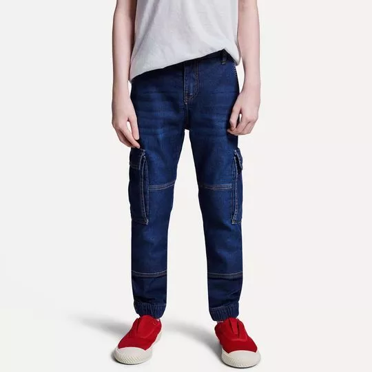 Calça Jeans Cargo Com Bolsos- Azul Escuro