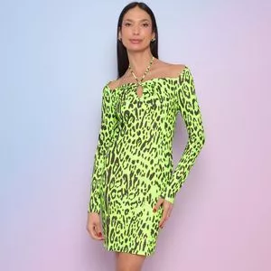 Vestido Curto Animal Print<BR>- Verde Limão & Preto<BR>- Lança Perfume