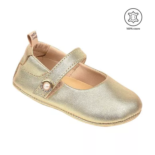 Sapato Boneca Em Couro Com Velcro- Dourado