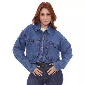 Camisa Jeans Cropped<BR>- Azul
