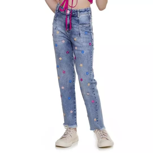 Calça Jeans Reta Com Aviamentos Florais- Azul