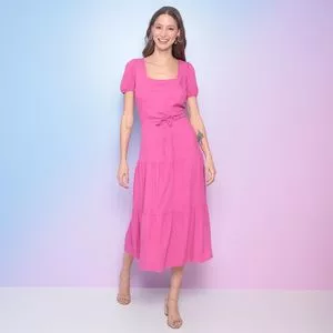 Vestido Midi Com Recortes<BR>- Rosa
