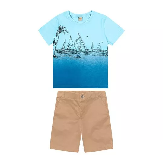 Conjunto De Camiseta Barquinhos & Bermuda Lisa- Azul Claro & Marrom Claro- Trick Nick