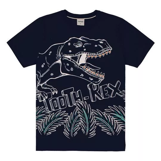 Camiseta Dinossauro- Azul Marinho & Branca- Rovitex