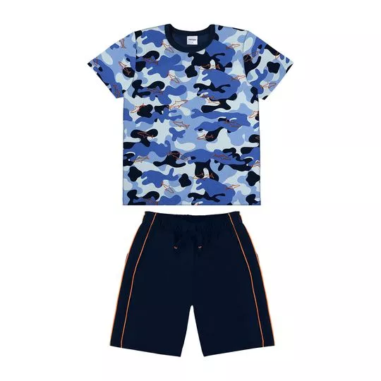 Conjunto De Camiseta Camuflada & Bermuda Lisa- Azul Escuro & Azul Marinho- Rovitex