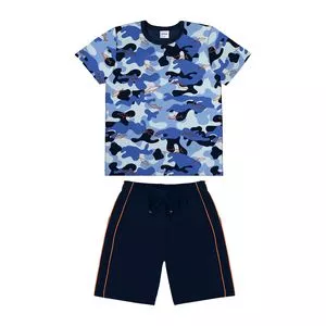 Conjunto De Camiseta Camuflada & Bermuda Lisa<BR>- Azul & Azul Marinho<BR>- Rovitex