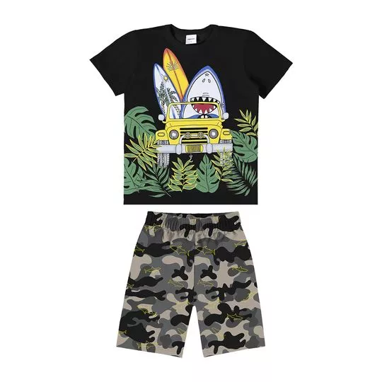 Conjunto De Camiseta Folhagens & Bermuda Camuflada- Preta & Verde Militar- Rovitex