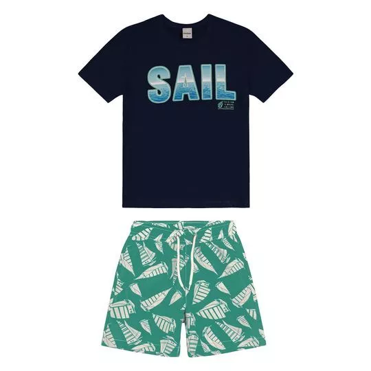 Conjunto De Camiseta & Bermuda Folhagens- Azul Marinho & Verde Água- Rovitex