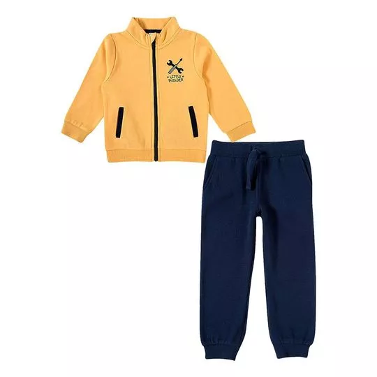 Conjunto De Jaqueta Com Inscrições & Calça Jogger- Amarelo & Azul Marinho