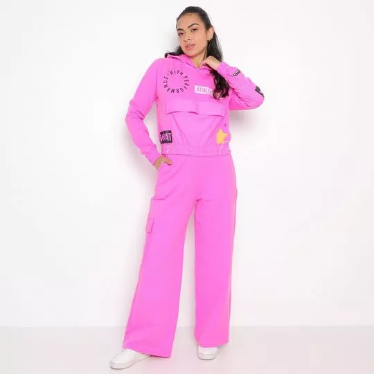 Conjunto De Blusão Cropped & Calça Pantalona- Rosa Neon & Preto- Enfim