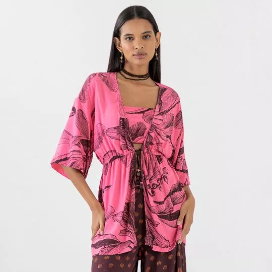 Kimono Curto Floral- Pink & Marrom Escuro