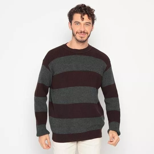 Suéter Em Tricô- Marrom Escuro & Cinza Escuro- VR