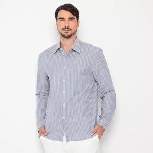 Camisa Slim Fit Listrada<BR>- Azul & Branca<BR>- VR