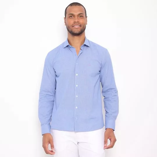 Camisa Slim Fit Com Bordado- Azul Claro & Branca