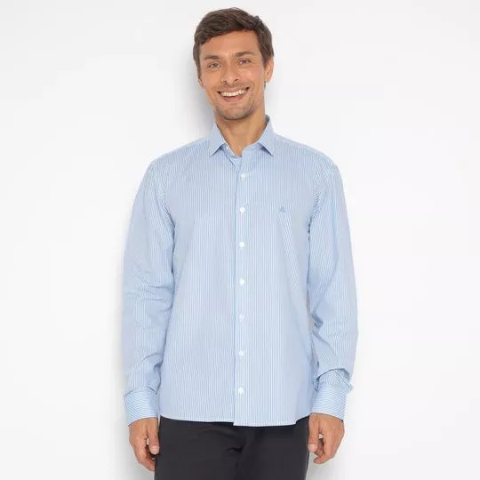 Camisa Slim Fit Listrada- Azul & Off White