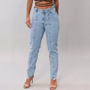 Calça Jeans Mom Com Recortes<BR>- Azul Claro