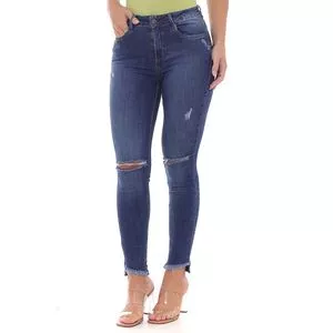 Calça Jeans Skinny Com Destroyed<BR>- Azul Escuro