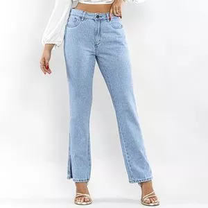 Calça Jeans Reta Com Fenda Lateral<BR>- Azul Claro
