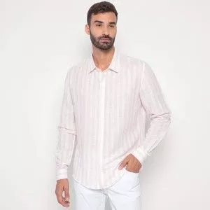 Camisa Slim Fit Com Linho<BR>- Rosa Claro & Off White