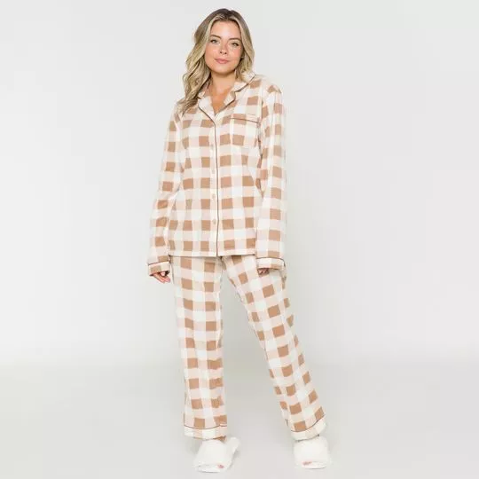 Pijama Com Bolso- Off White & Marrom- Anna Kock Sleepwear