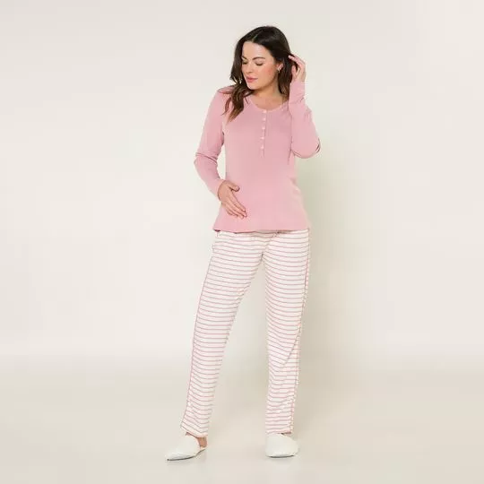Pijama Listrado Gestante- Rosa Claro & Off White- Anna Kock Sleepwear
