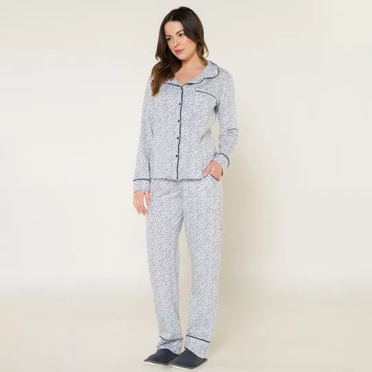Pijama Com Bolso- Branco & Cinza- Anna Kock Sleepwear