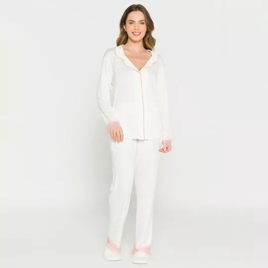 Pijama Com Recortes- Off White & Rosa Claro- Anna Kock Sleepwear