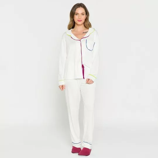 Pijama Com Bolso- Off White & Pink- Anna Kock Sleepwear
