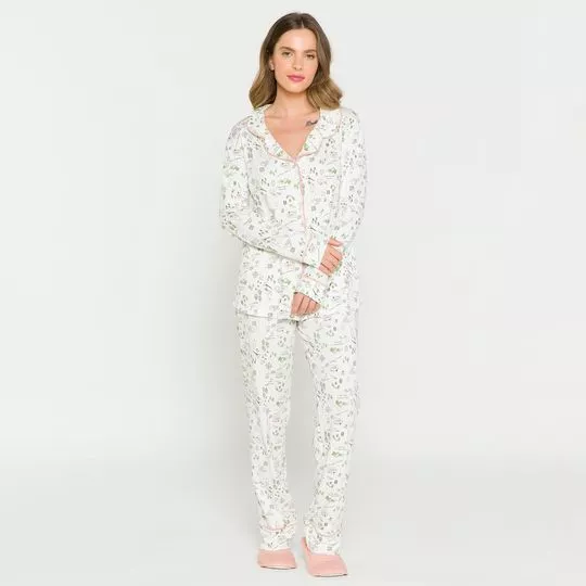 Pijama Com Recortes- Off White & Verde- Anna Kock Sleepwear