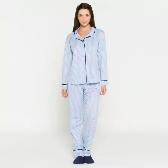 Pijama Listrado- Azul Claro & Branco- Anna Kock Sleepwear
