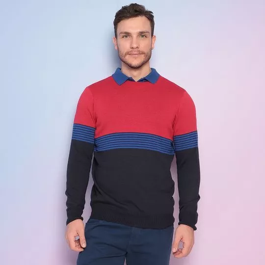 Suéter Listrado- Vermelho & Azul Marinho