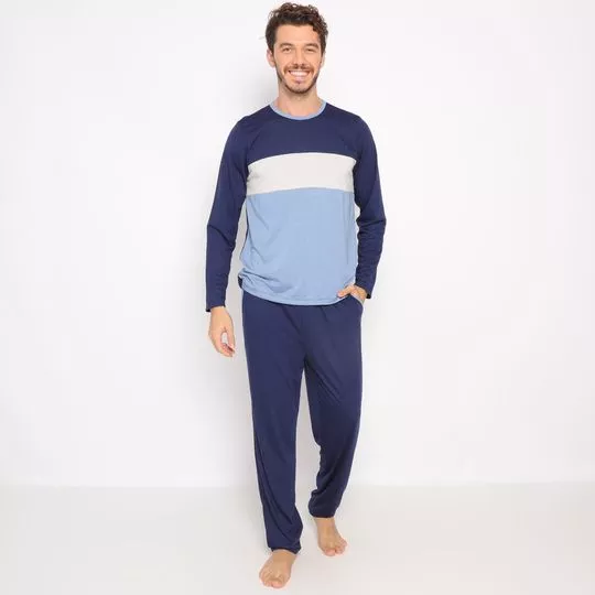 Pijama Listrado- Azul Marinho & Branco- Danka Pijamas