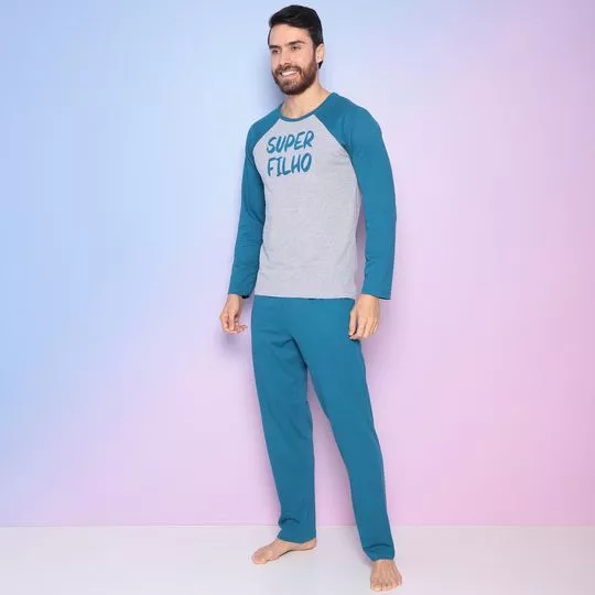 Pijama Super Filho- Azul Turquesa & Cinza- Bela Notte Pijamas