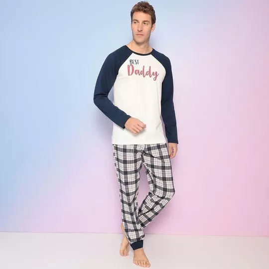 Pijama Xadrez Com Inscrições- Off White & Azul Marinho- Bela Notte Pijamas