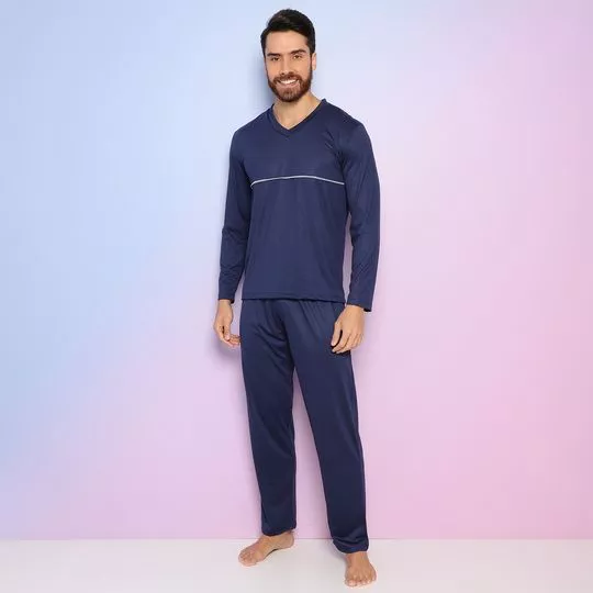 Pijama Com Recortes- Azul Marinho & Branco- Zulai