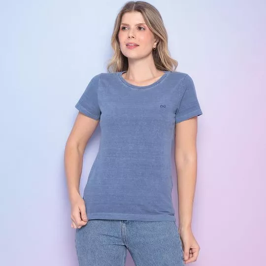Camiseta Estonada Com Bordado- Azul Marinho- Vide Bula