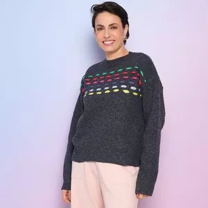 Suéter Em Tricô<BR>- Azul Marinho & Rosa