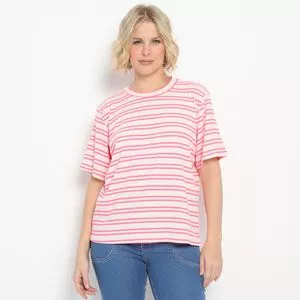 Camiseta Listrada Com Linho<BR>- Off White & Pink<BR>- Morena Rosa